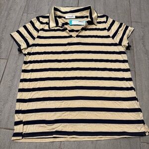 GILLI Polo V Neck Collared Short Sleeve Blue White Striped Knit Top NWT Size XL